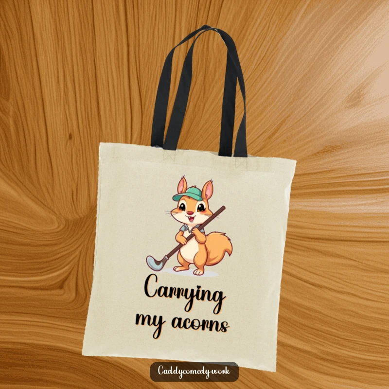 Funny tote bag with a cute squirrel character carrying a massive golf club, ideal for storing golf essentials humorously.